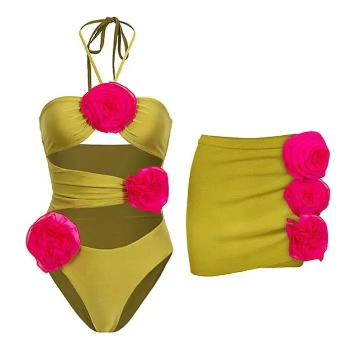 Women's solid colour one-piece swimsuit with French bikini cut and optional matching skirt.