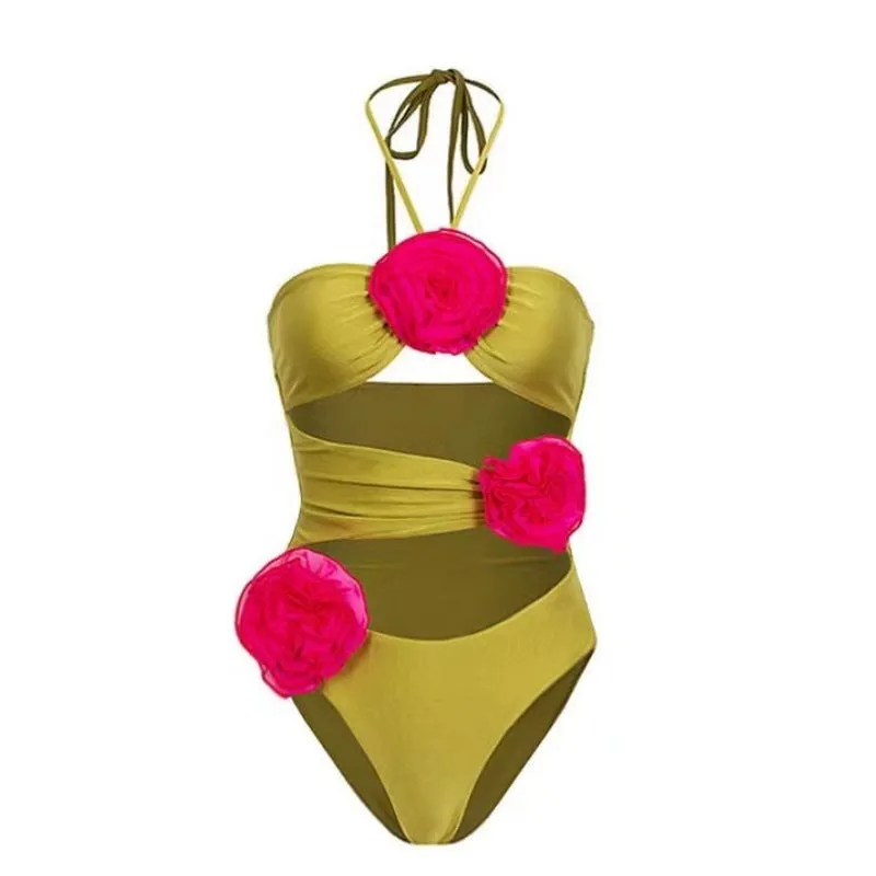 Women's solid colour one-piece swimsuit with French bikini cut and optional matching skirt.