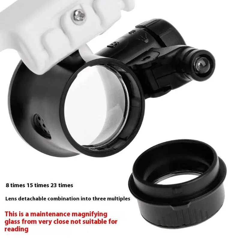 White head mounted magnifying glass with 30x optical glass lens, folded to 85mm for storage