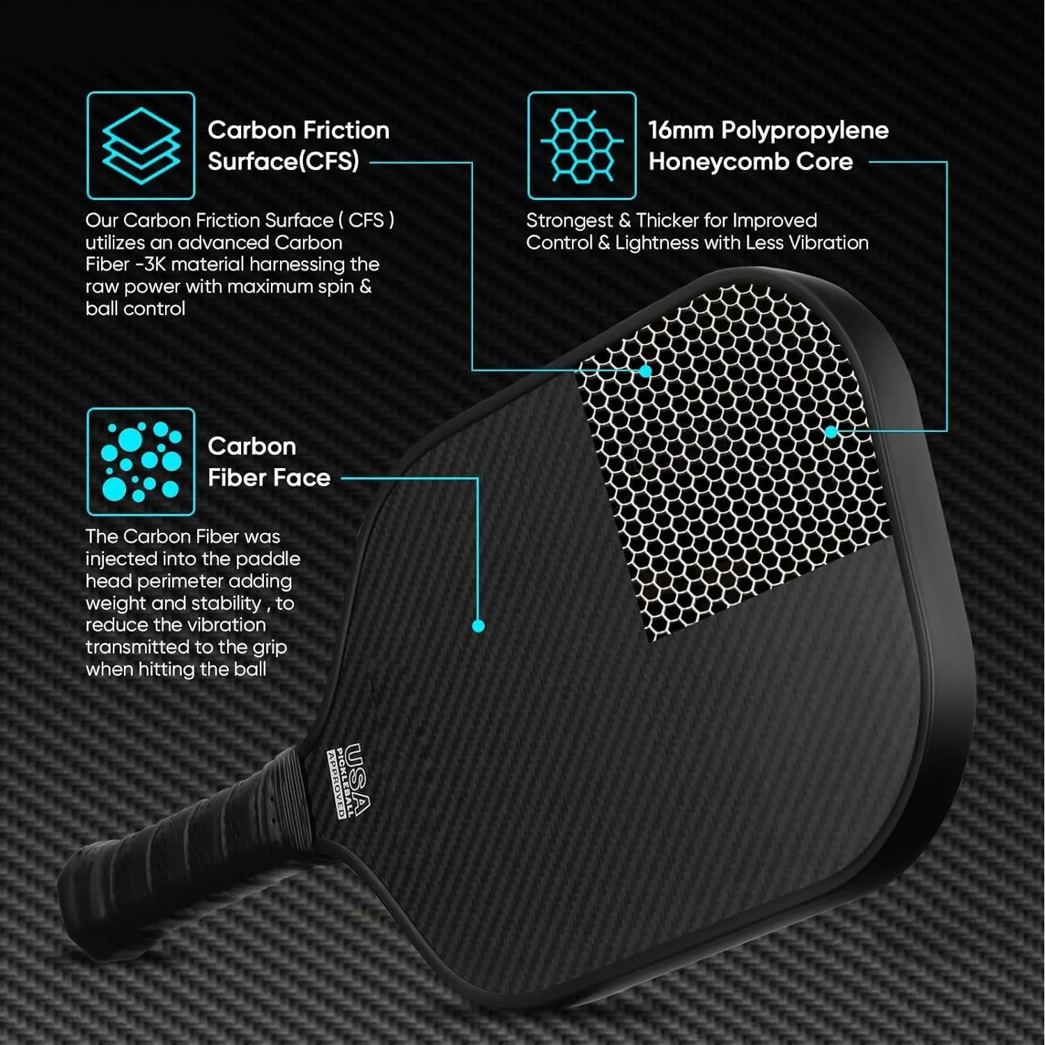3K full carbon fibre graphite honeycomb beach racket in black, 40x20cm