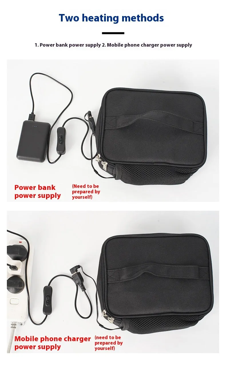 Black USB heating thermal lunch bag with Oxford cloth material and car power adapter