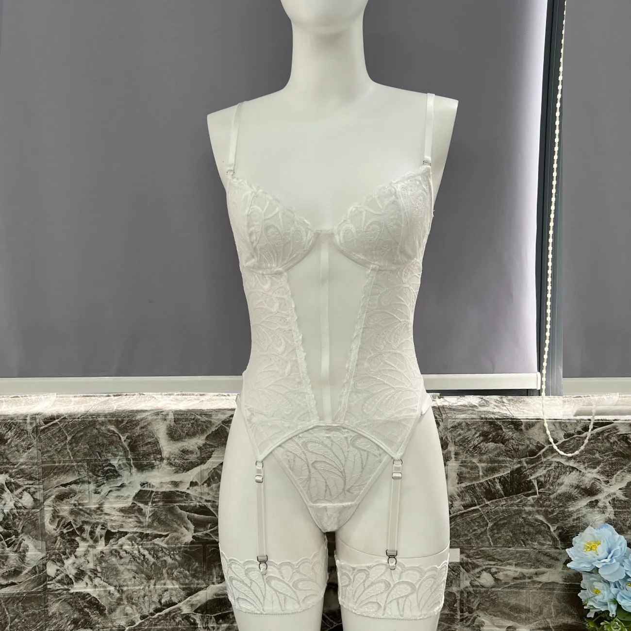 Lace jumpsuit bodysuit underwear set in black, red and white, polyester construction, sizes S M L