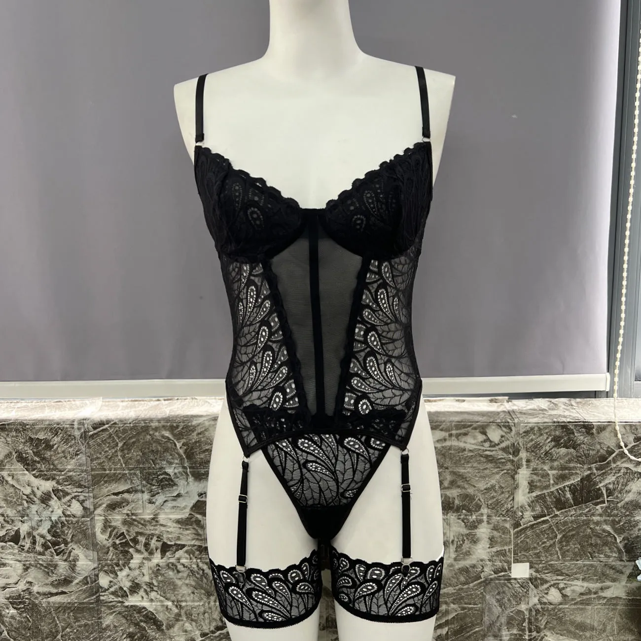 Lace jumpsuit bodysuit underwear set in black, red and white, polyester construction, sizes S M L