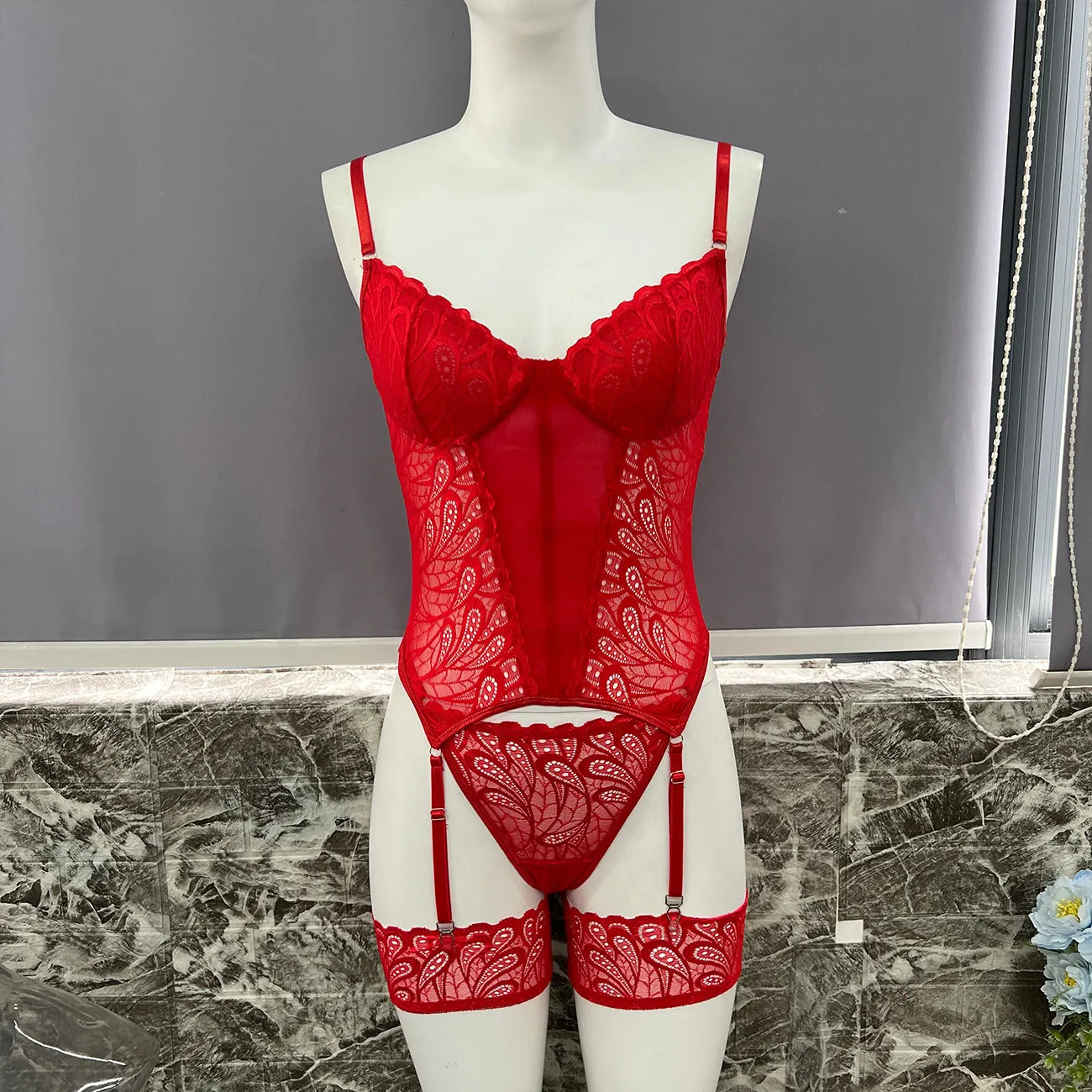 Lace jumpsuit bodysuit underwear set in black, red and white, polyester construction, sizes S M L