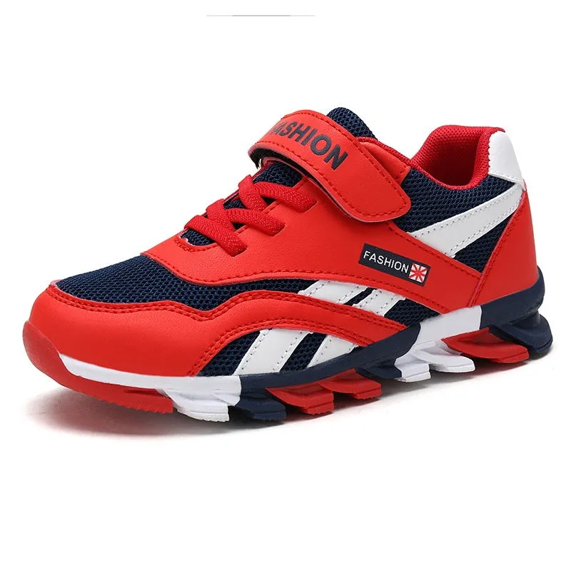 Children's grey Velcro running shoes with synthetic leather upper and rubber sole.