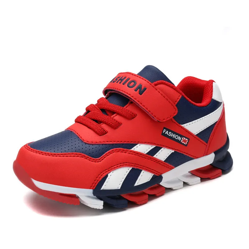 Children's grey Velcro running shoes with synthetic leather upper and rubber sole.