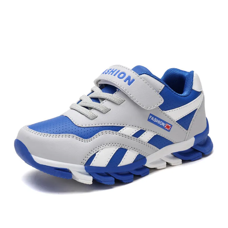 Children's grey Velcro running shoes with synthetic leather upper and rubber sole.