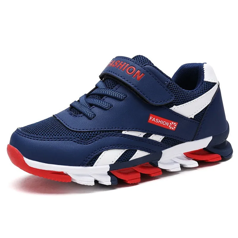 Children's grey Velcro running shoes with synthetic leather upper and rubber sole.