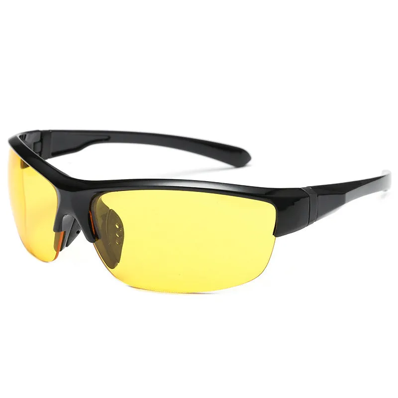 Men's windproof cycling sunglasses with semi-frameless polycarbonate frame and mercury lenses.