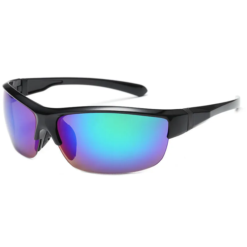 Men's windproof cycling sunglasses with semi-frameless polycarbonate frame and mercury lenses.