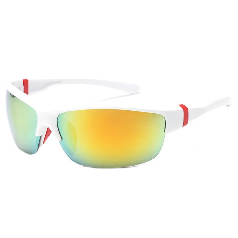 Men's windproof cycling sunglasses with semi-frameless polycarbonate frame and mercury lenses.