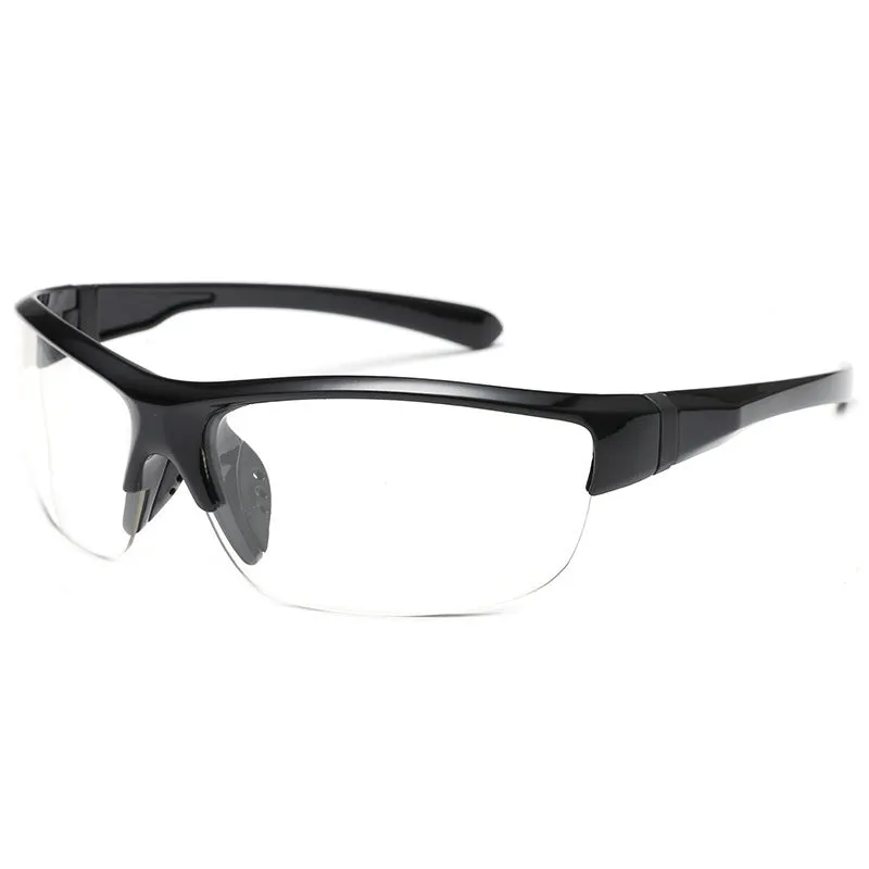 Men's windproof cycling sunglasses with semi-frameless polycarbonate frame and mercury lenses.