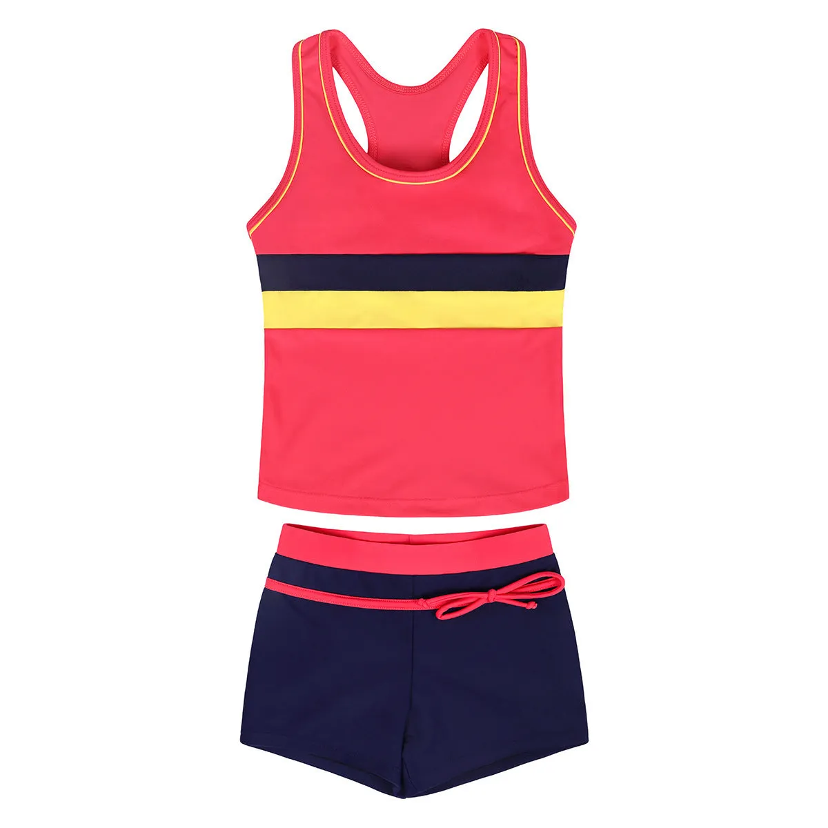 Girls' two-piece blue swimsuit with chest pad top and split boxer shorts laid flat.