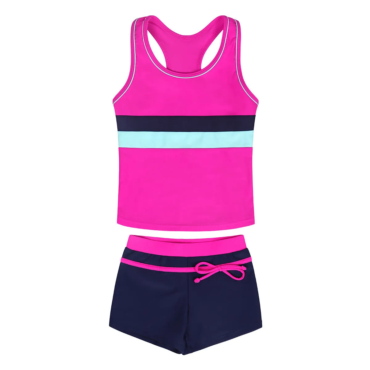 Girls' two-piece blue swimsuit with chest pad top and split boxer shorts laid flat.