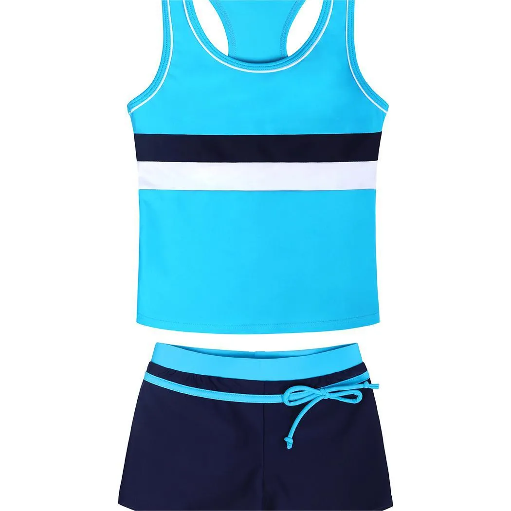 Girls' two-piece blue swimsuit with chest pad top and split boxer shorts laid flat.