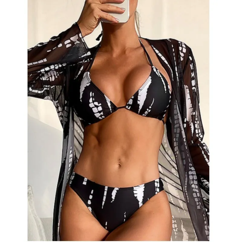 Three-piece mesh long sleeve bikini set in striped pattern for swimming sun protection