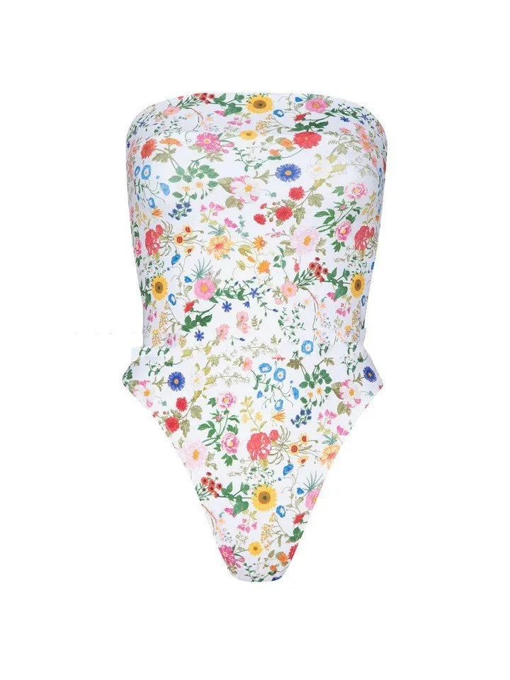 Women's one-piece printed swimsuit with polyester lining, sleeveless, available in split or conjoined style