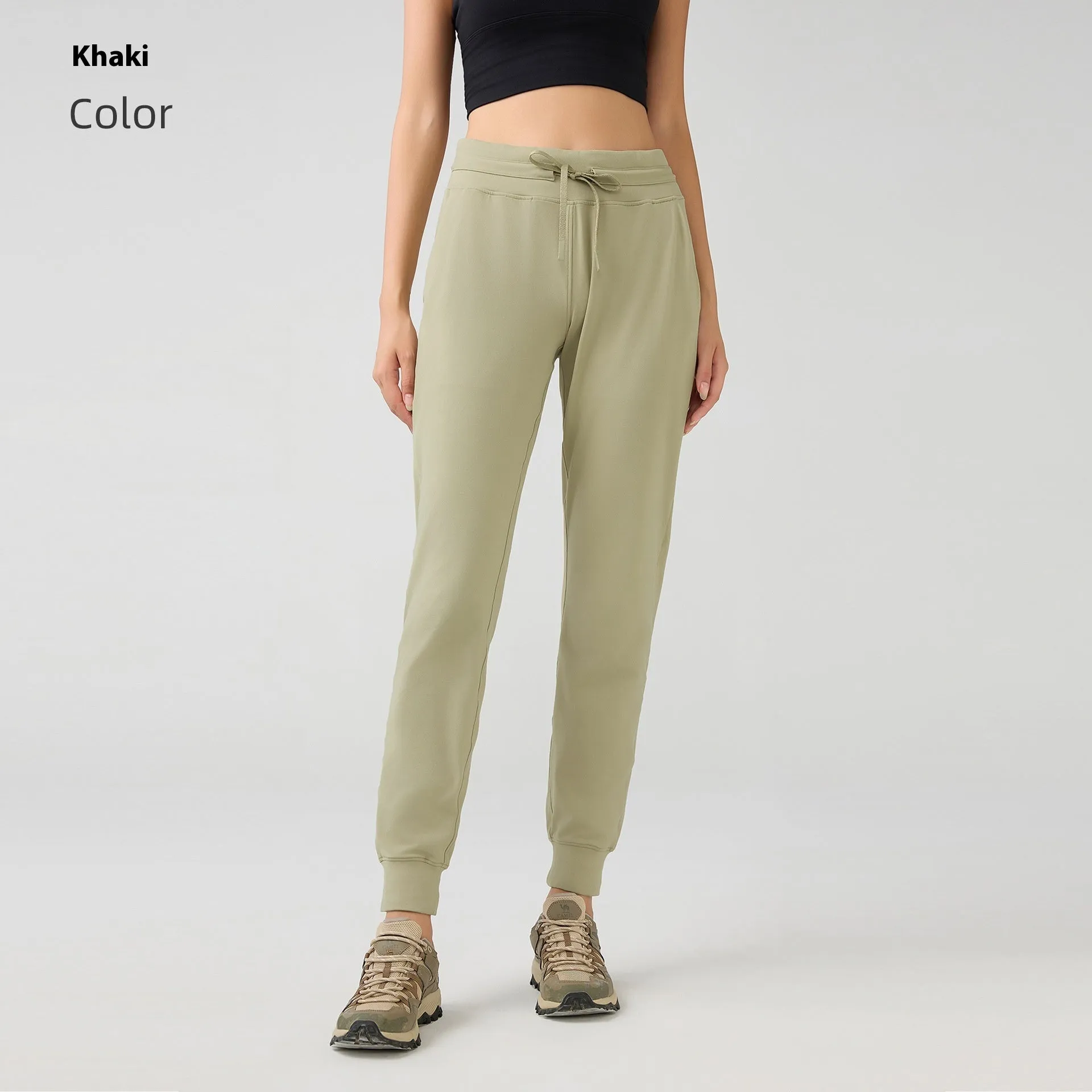 Women's high waist yoga pants with drawstring waistband in cotton blend quick-dry fabric