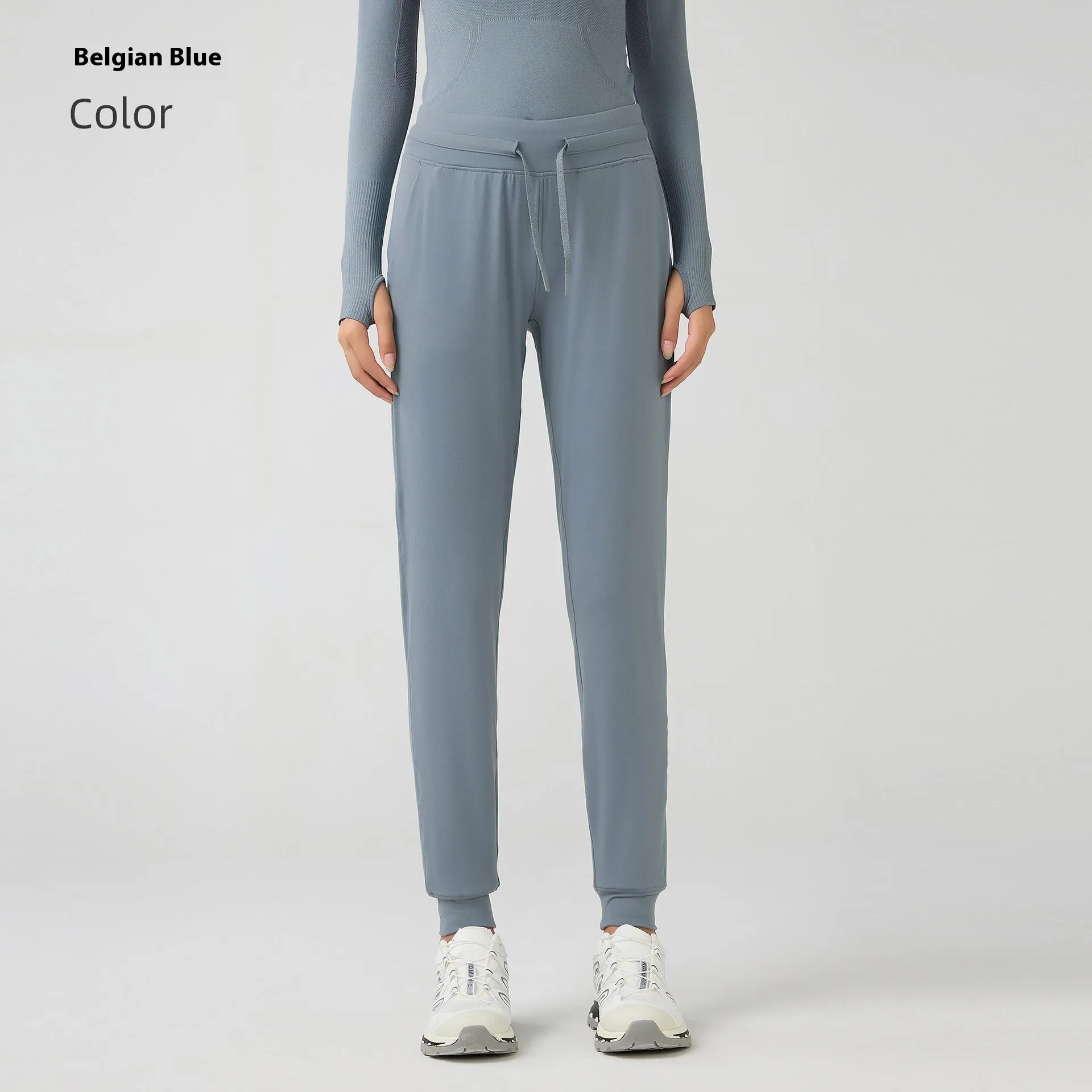 Women's high waist yoga pants with drawstring waistband in cotton blend quick-dry fabric