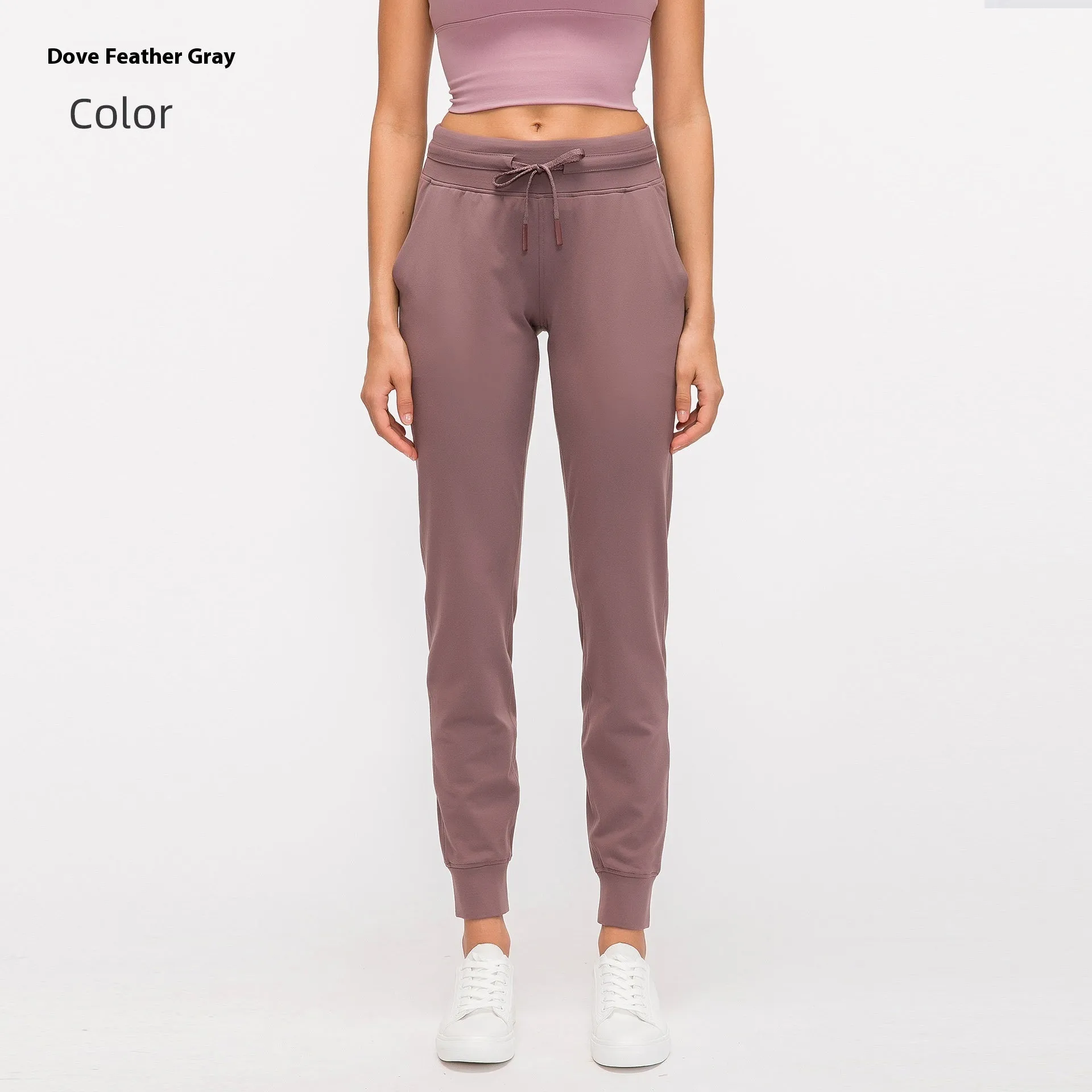Women's high waist yoga pants with drawstring waistband in cotton blend quick-dry fabric