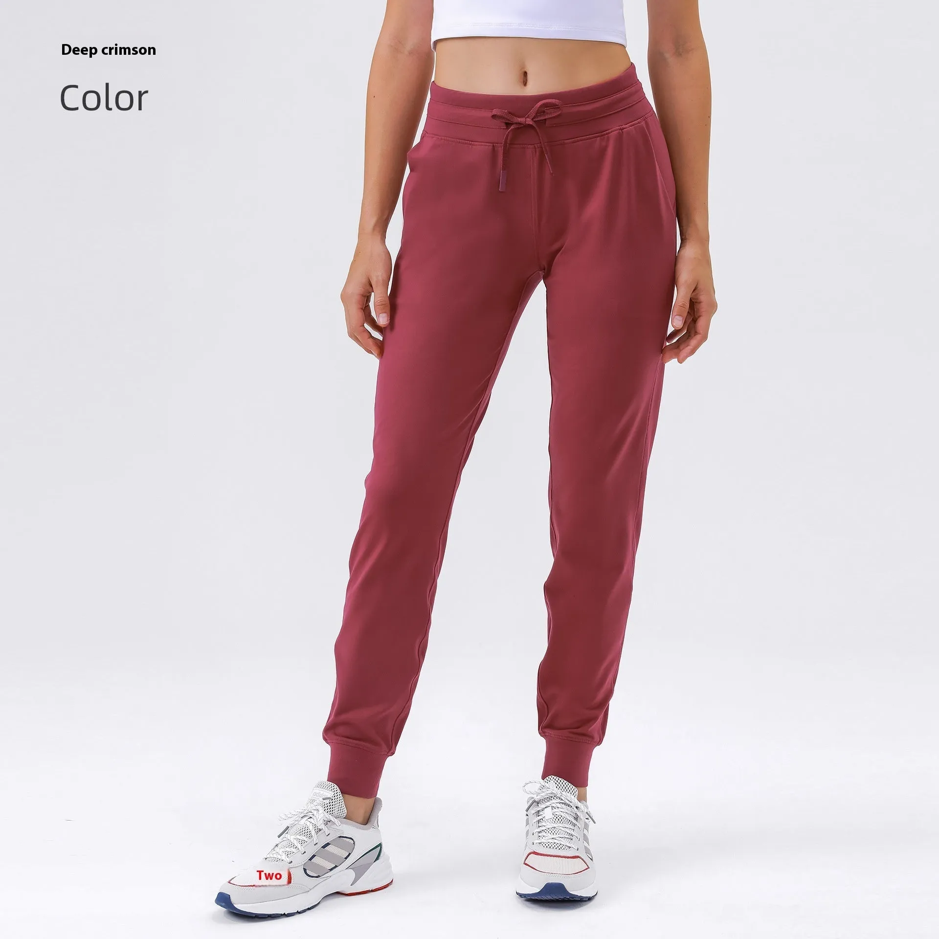 Women's high waist yoga pants with drawstring waistband in cotton blend quick-dry fabric
