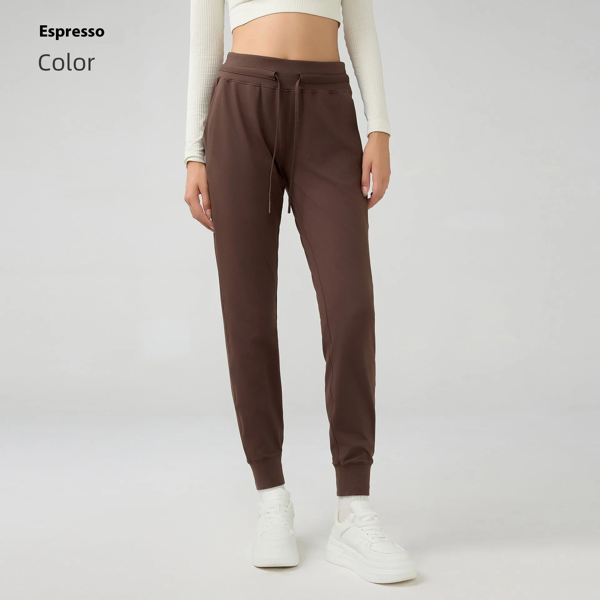 Women's high waist yoga pants with drawstring waistband in cotton blend quick-dry fabric
