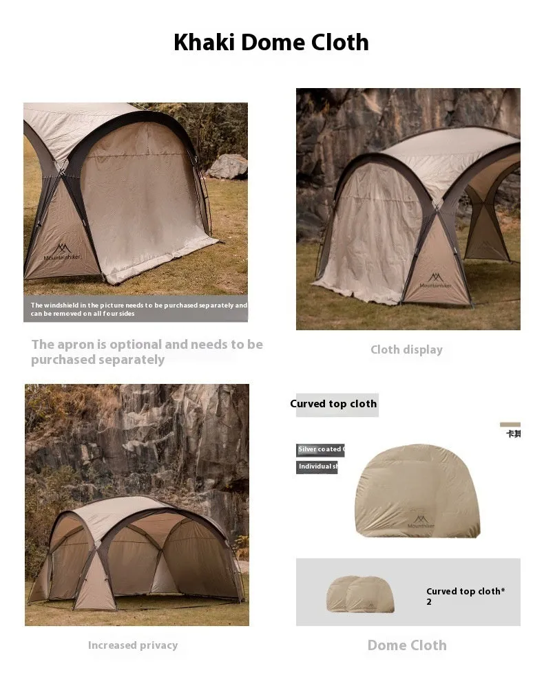 Outdoor dome canopy sunshade with ventilation, dimensions 410 cm by 230 cm, suitable for campsite use.