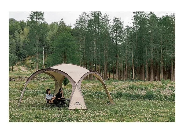 Outdoor dome canopy sunshade with ventilation, dimensions 410 cm by 230 cm, suitable for campsite use.