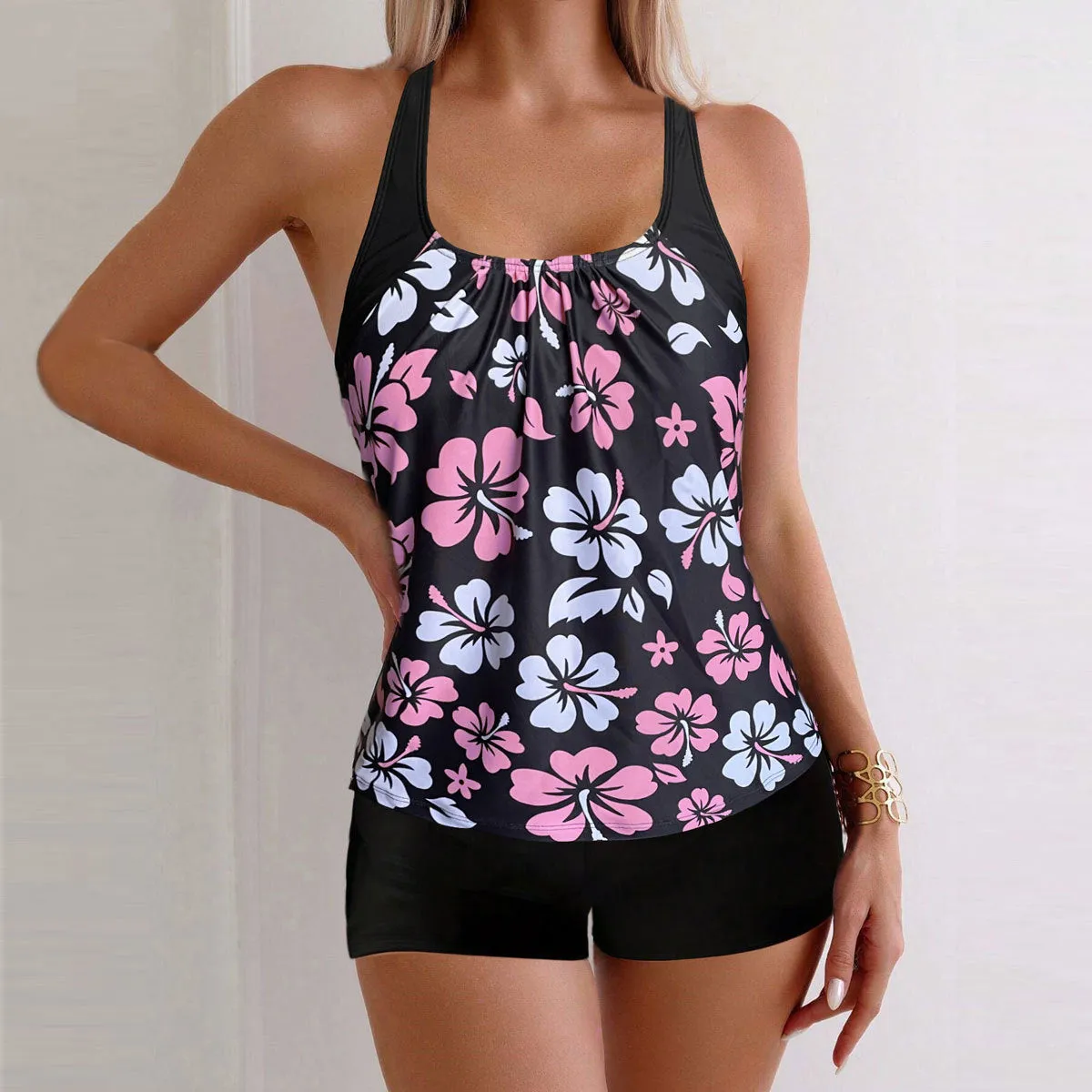 Lady sexy slim-fit printed boxers suit bikini set in blue flower pattern, polyester spandex, S-XXL