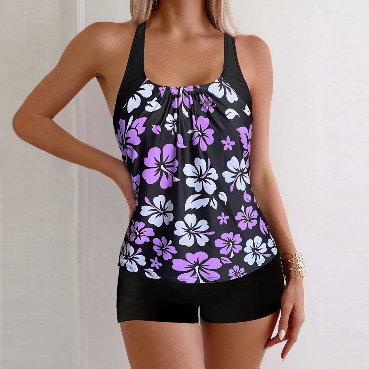 Lady sexy slim-fit printed boxers suit bikini set in blue flower pattern, polyester spandex, S-XXL