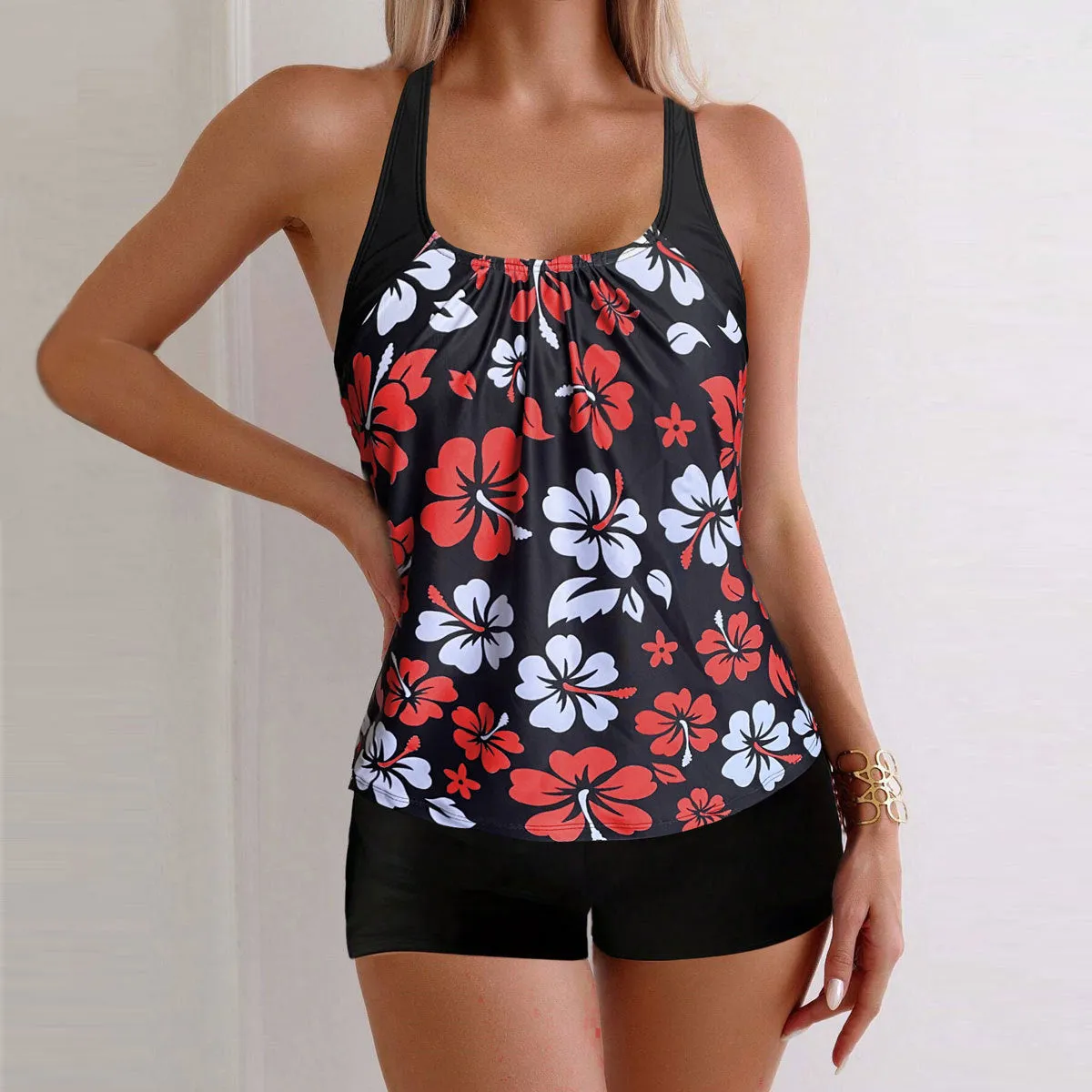 Lady sexy slim-fit printed boxers suit bikini set in blue flower pattern, polyester spandex, S-XXL