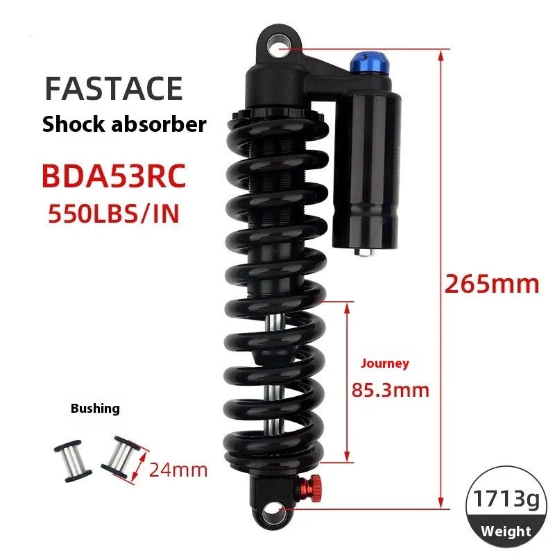 Red aluminium spring shock absorber for mountain bike with adjustable settings and 550lb rating