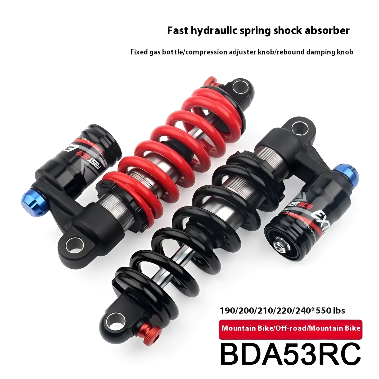 Red aluminium spring shock absorber for mountain bike with adjustable settings and 550lb rating