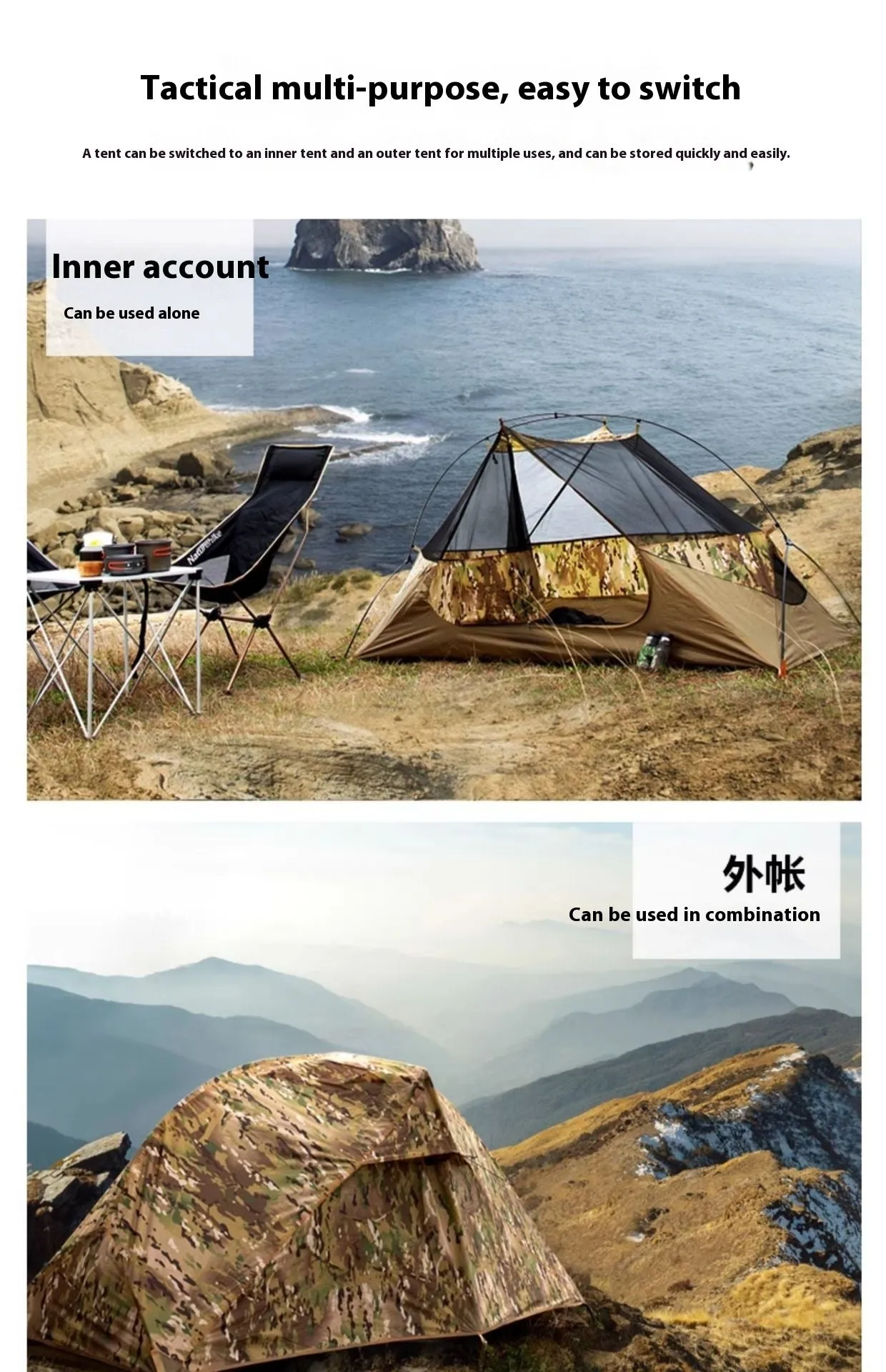 Single soldier camouflage tent shown in outdoor setting with rainproof and sun protection features for camping use