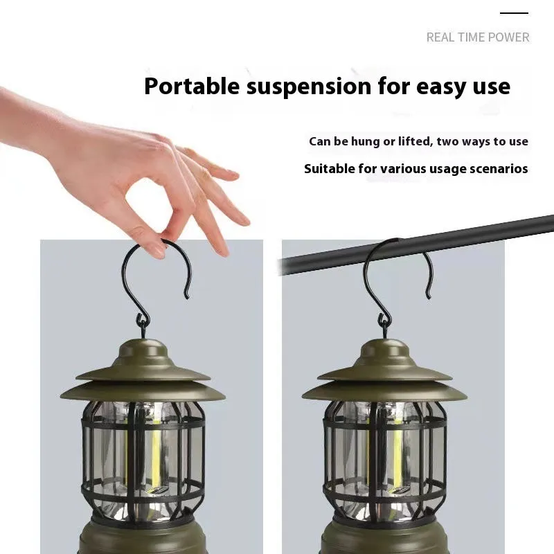 Portable head lamp camping lantern in dark green, showing compact size for hands-free use.