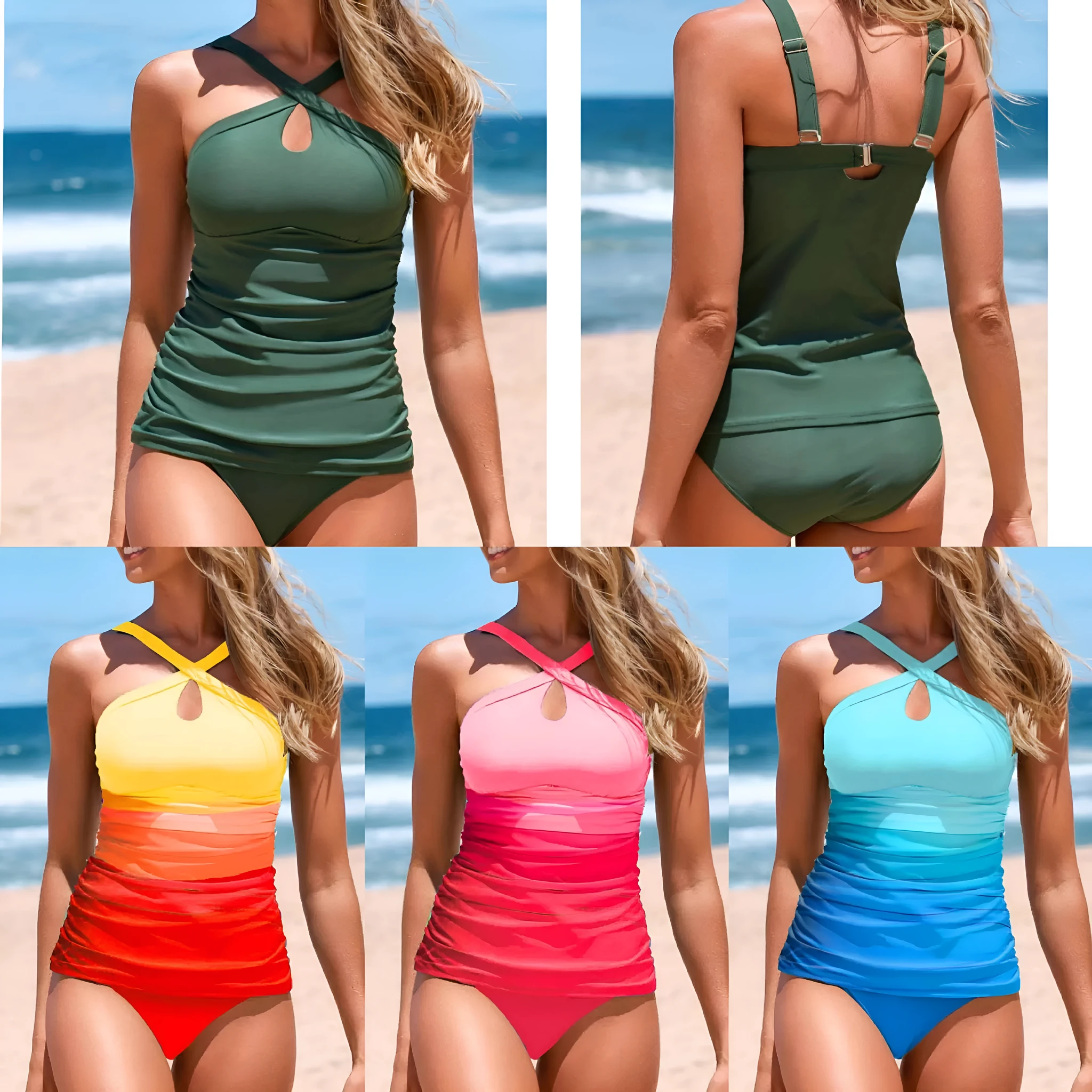 Gradient blue cross strap backless heap pleated polyester swimsuit for women swimming and wading