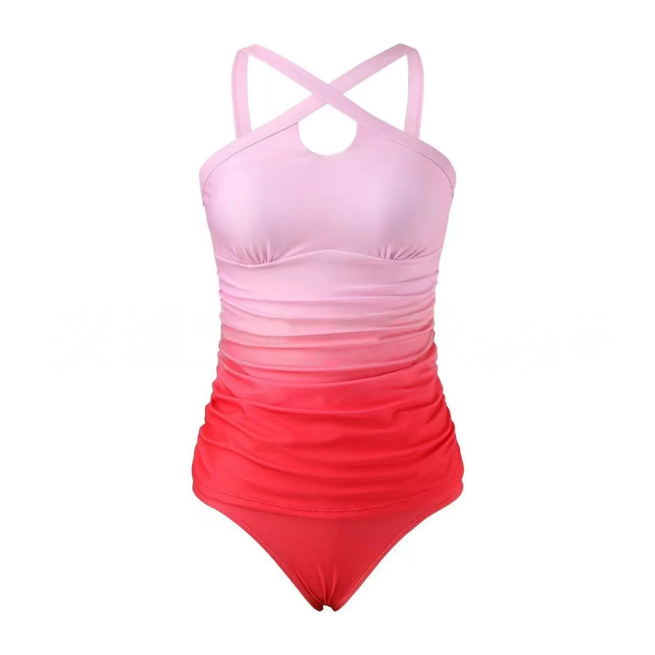Gradient blue cross strap backless heap pleated polyester swimsuit for women swimming and wading