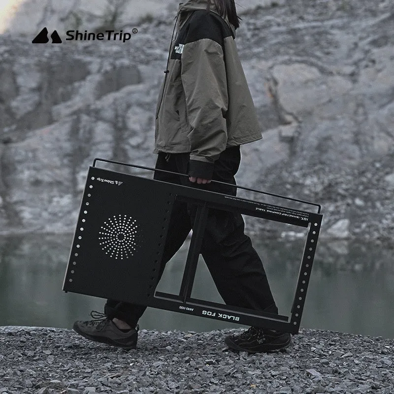 Folding carbon steel camping table with IGT modular system and multiple cell board design options.