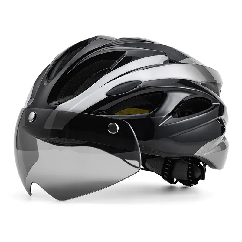 Adult cycling helmet with integrated red LED light on the rear, shown in a black and red colour scheme.
