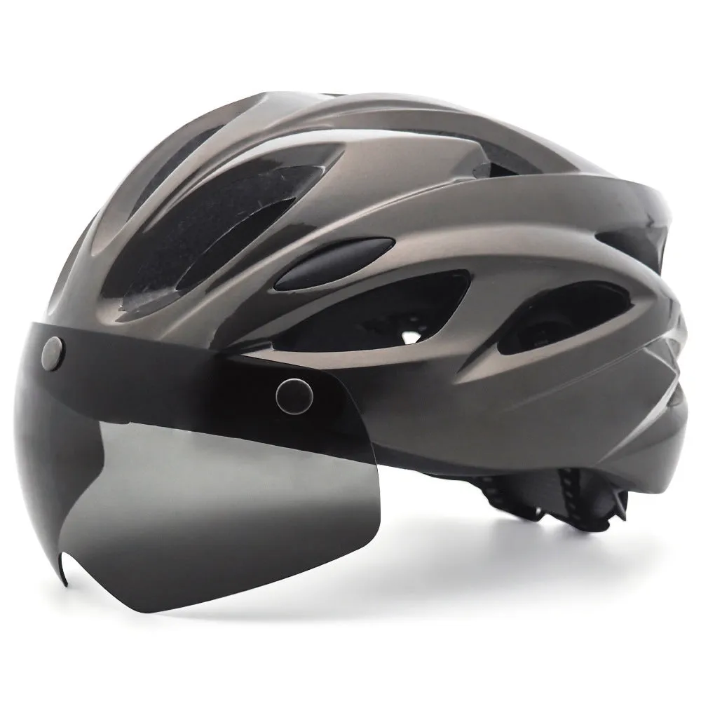 Adult cycling helmet with integrated red LED light on the rear, shown in a black and red colour scheme.