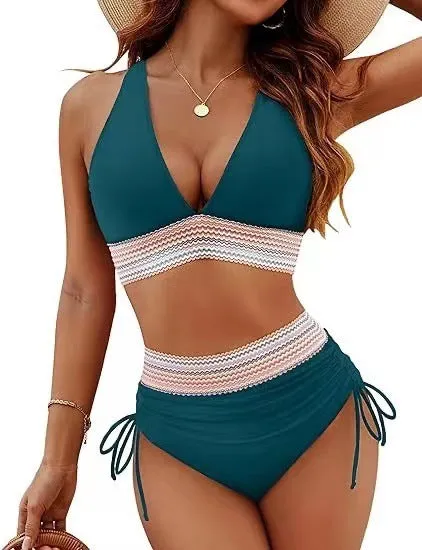 Women's high waist bikini split suit in solid colour polyester fabric, available in multiple sizes and colour options