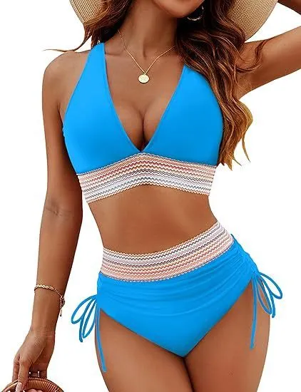 Women's high waist bikini split suit in solid colour polyester fabric, available in multiple sizes and colour options