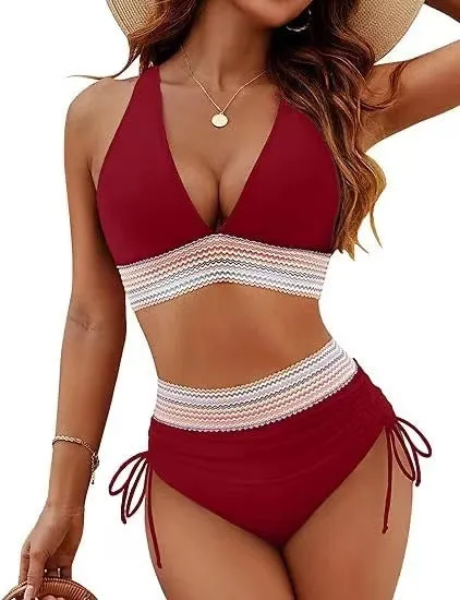 Women's high waist bikini split suit in solid colour polyester fabric, available in multiple sizes and colour options