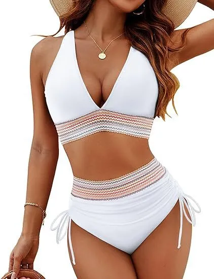 Women's high waist bikini split suit in solid colour polyester fabric, available in multiple sizes and colour options