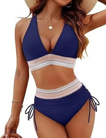 Women's high waist bikini split suit in solid colour polyester fabric, available in multiple sizes and colour options