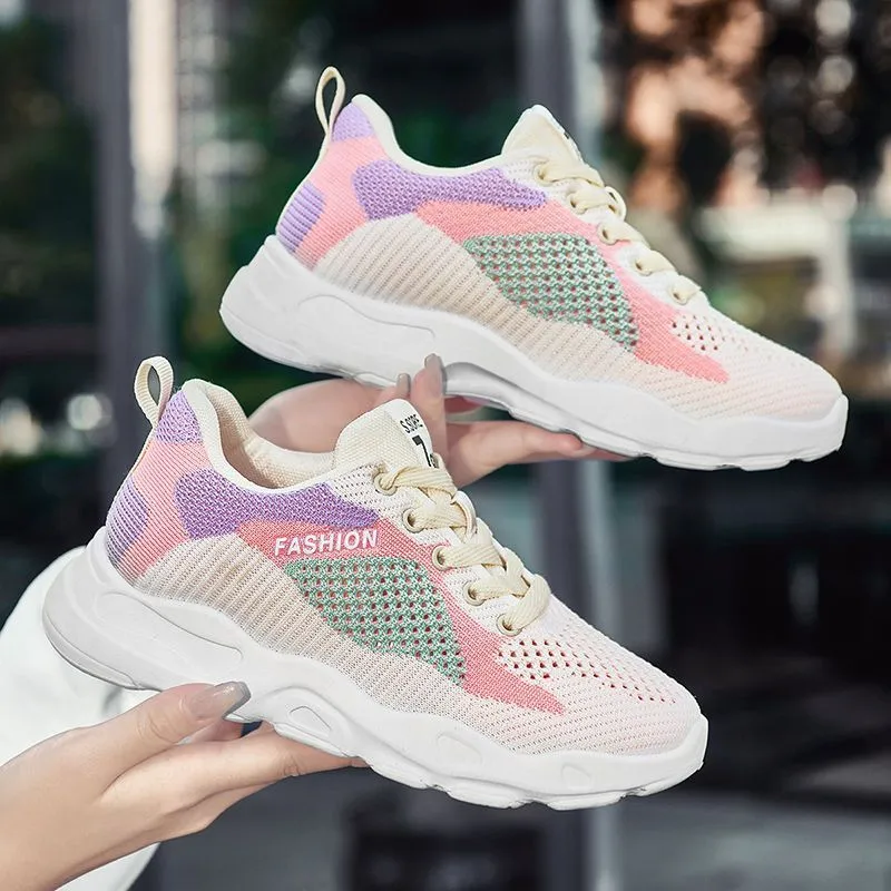 Women's blue and pink colourblock lace-up sneakers with mesh uppers