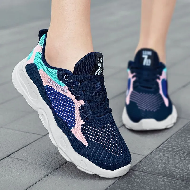 Women's blue and pink colourblock lace-up sneakers with mesh uppers