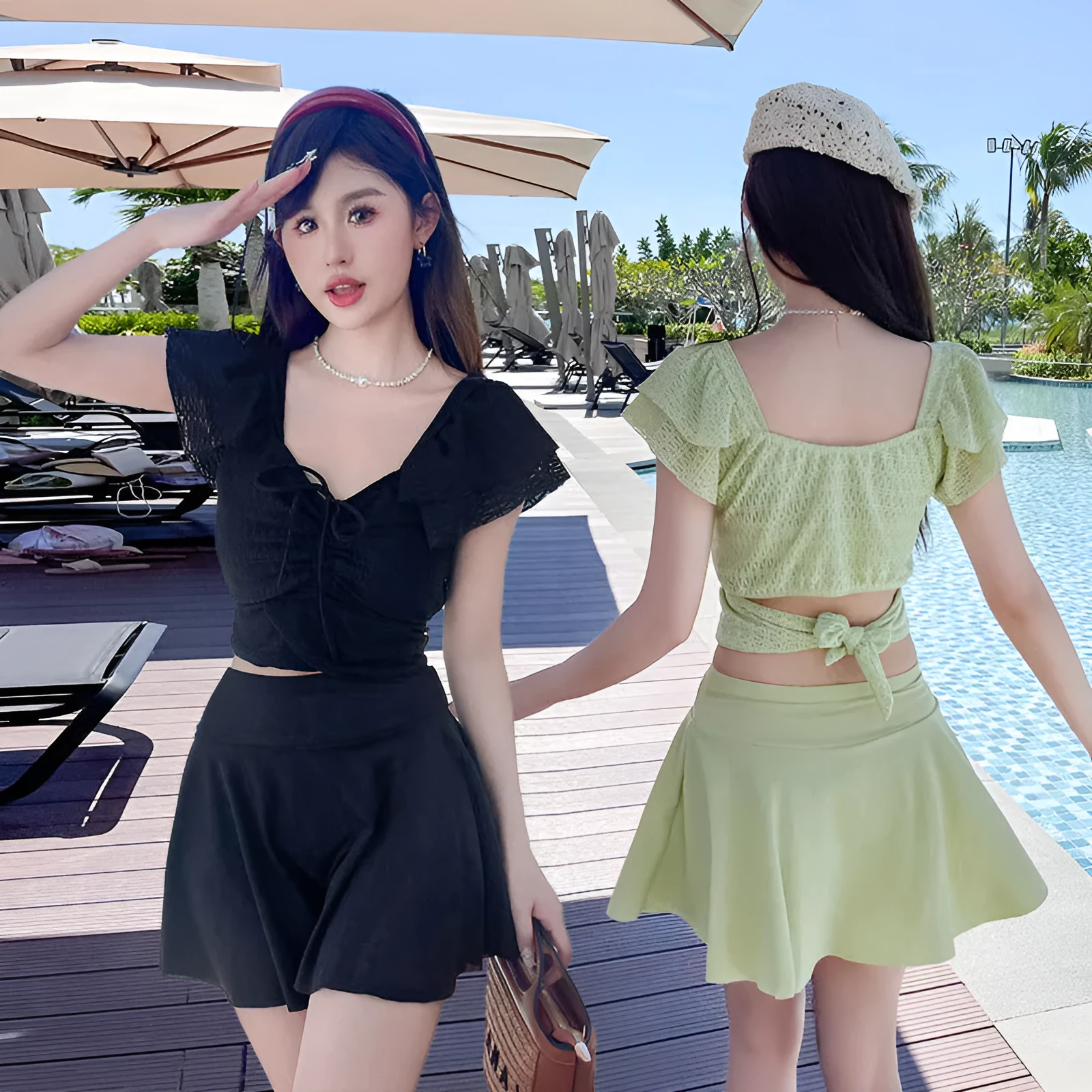 Women's split skirt-style bathing swimsuit in polyester and spandex, black colour, with top and separate skirt