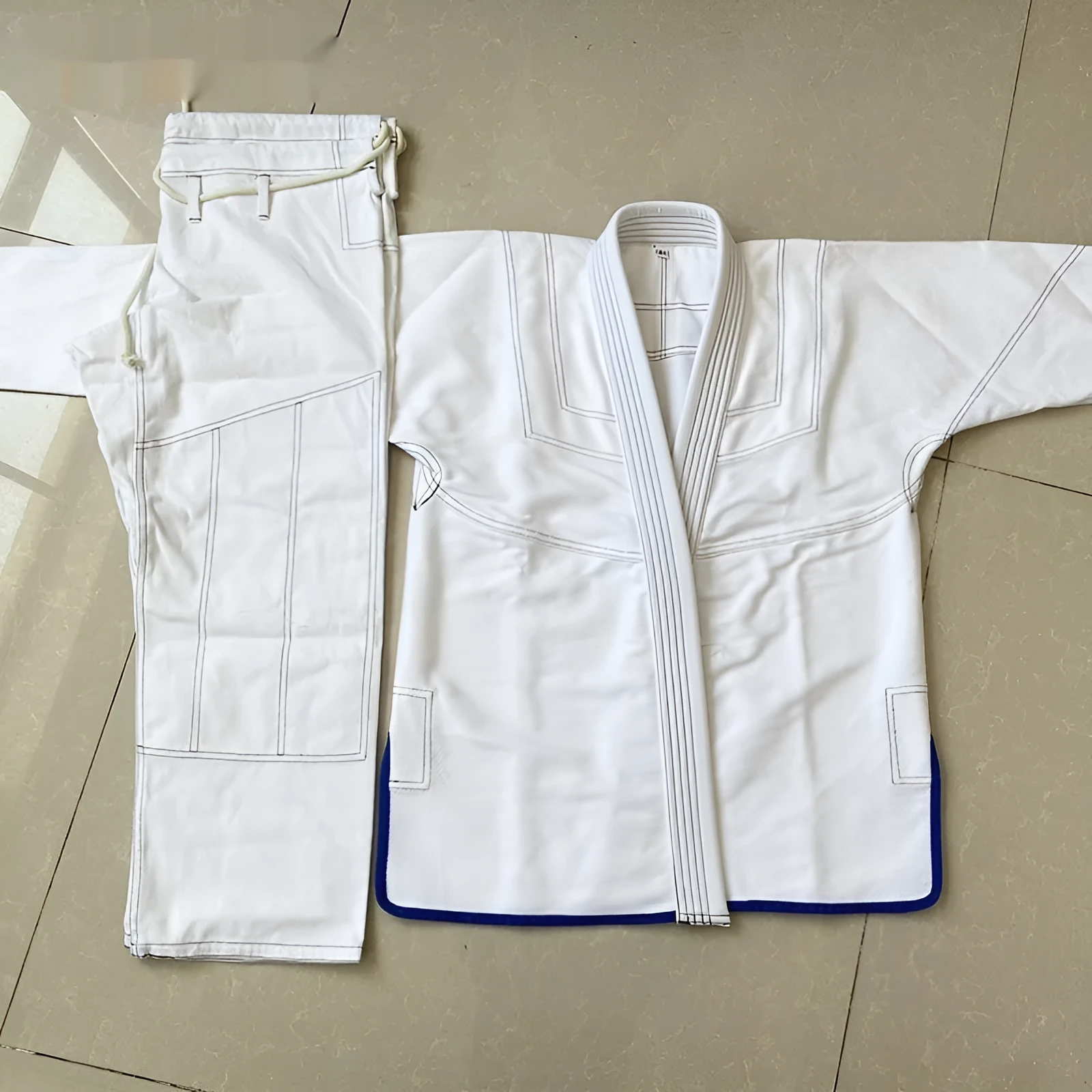 Taoist robe jujitsu suit canvas cotton lining stripes pattern white blue black top and pants set