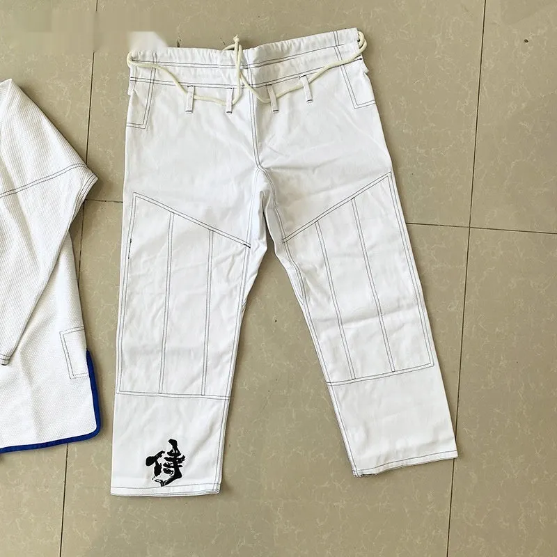 Taoist robe jujitsu suit canvas cotton lining stripes pattern white blue black top and pants set
